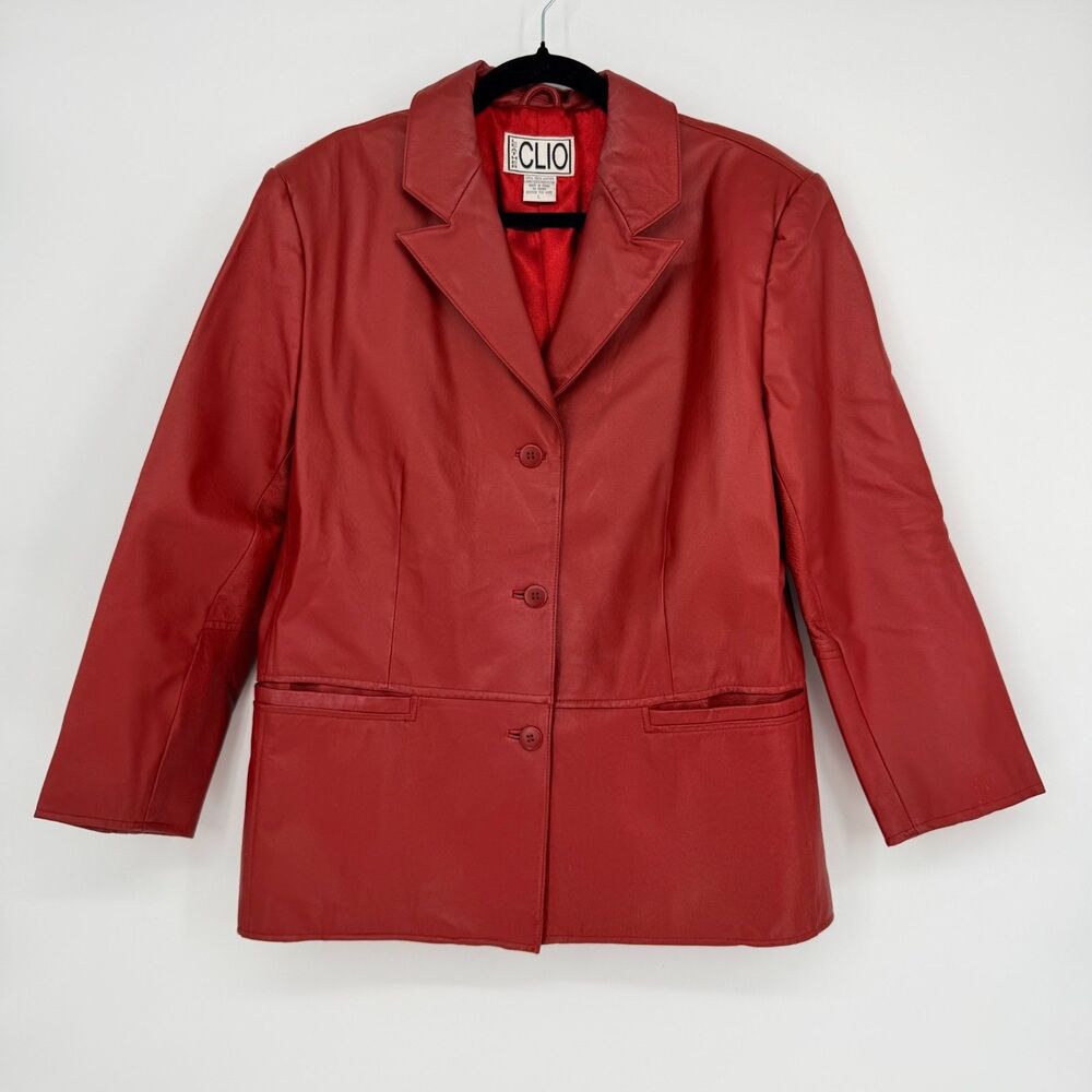 Vintage Y2K Clio 100% Leather Jacket Women's Size L Red Classic 90s